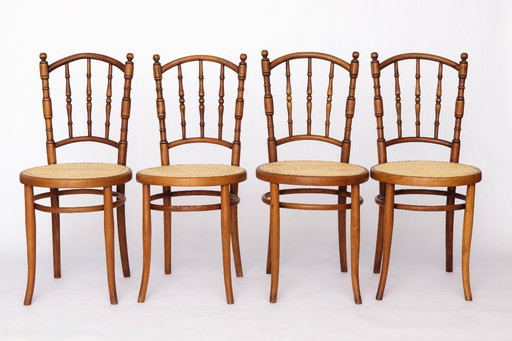 4er Set Bugholzstühle von Josef Kohn – Österreichischer Vintage 1930er–1950er Jahre, Buchenholz mit Wiener Rohrgeflechtsitzen, T