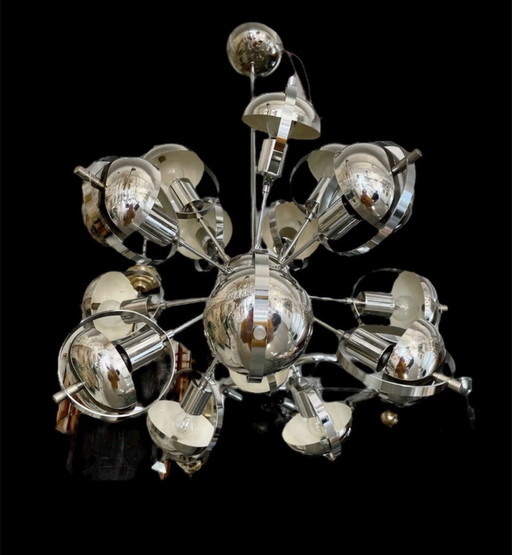 Goffredo Reggiani Orbit Chrome Chandelier With 15 Bulbs , Italie 1960