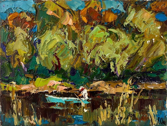 Image 1 of Original Oil Painting Coastal Forest Landscape Summer day by the river