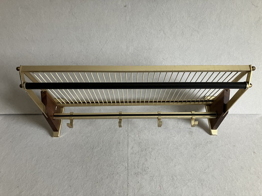Vintage brass and wood wall coat rack mid - Century modern