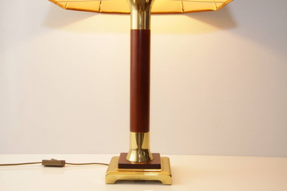 Image 1 of Lamp Tafellamp messing hout 77cm jaren 1980 vintage