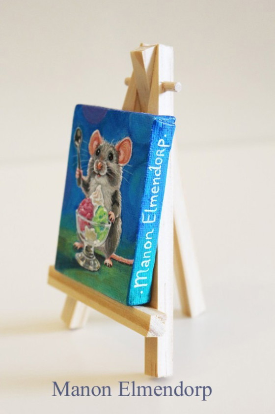 Image 1 of Hand-painted Small Painting Mouse with Ice Cream 7x5 cm