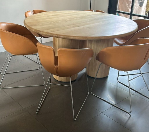 Unique round solid oak dining table – eettafels, Wood, Metal