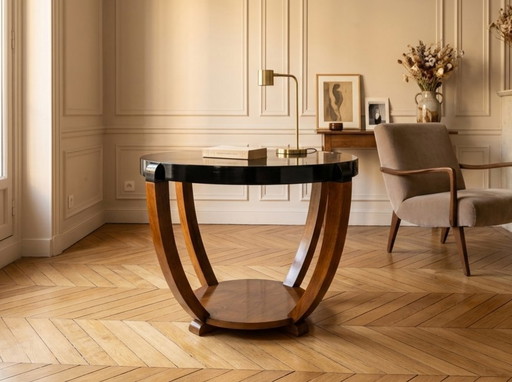 Rare Grand Guéridon / Table Basse Art Déco à Pieds Sabres (1930) – Laque Noire & Noyer – bijzettafels, Wood (photo 2 of 9)