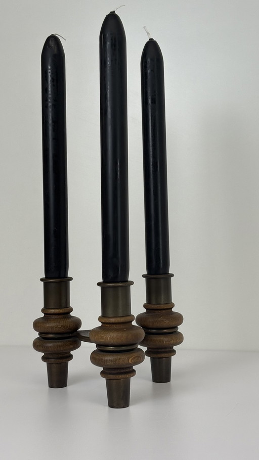 Vintage Brutalist / Japandi wood solid metal candelabra