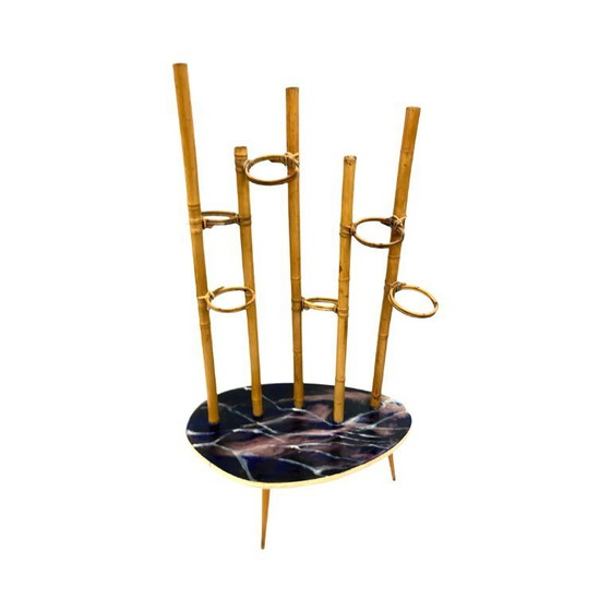 Image 1 of Mid-Century Modern Plant Stand – Europe, 1960s-1970s, Bamboo & Artistic Resin Tabletop