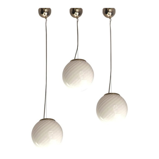 Contemporary Milky-White Sphres Murano Glass Pendant - Set of 3