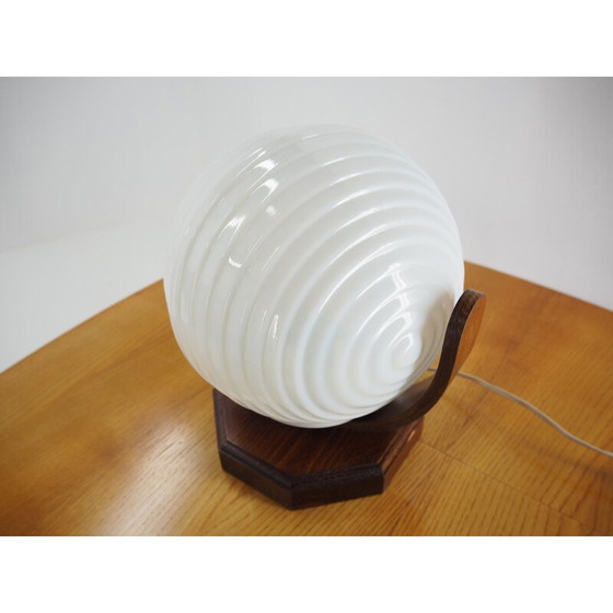 Image 1 of Vintage round table lamp in wood and glass, Czechoslovakia 1970