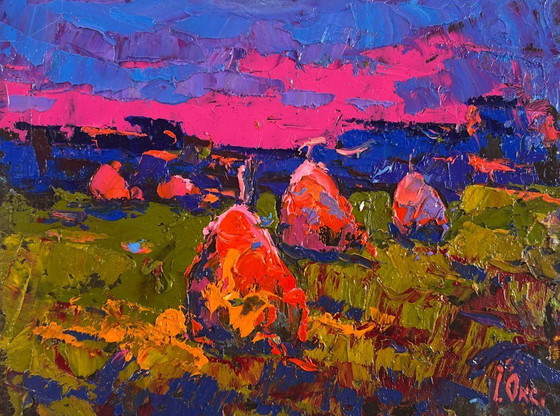 Image 1 of Original Oil Painting Sunset Field Landscape Evening silence in the field