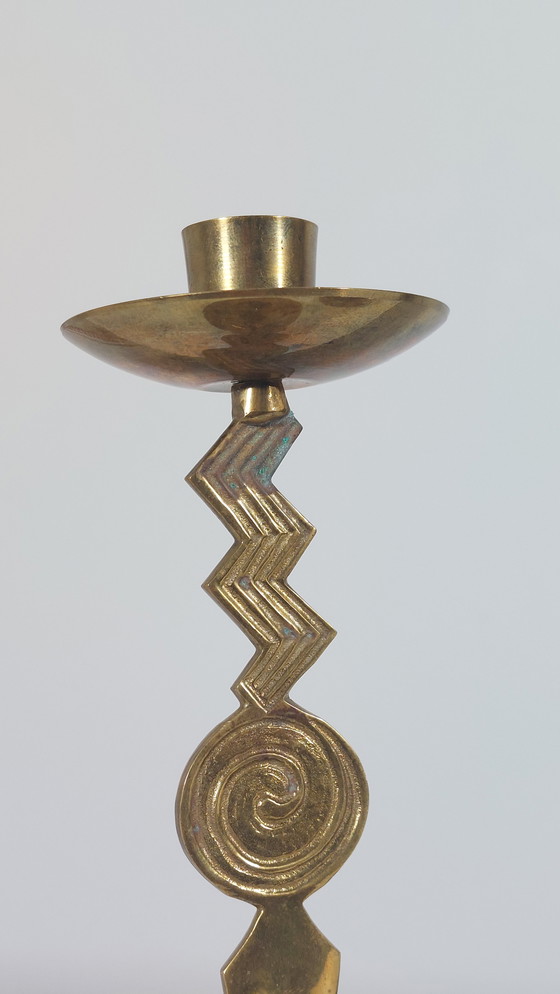 Image 1 of Pair of patinated vintage brass candlesticks, Memphis style, 1980s