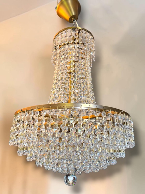 Vintage Hollywood Regency Kristallen Kroonluchter – Crystal, Brass (photo 5 of 6)