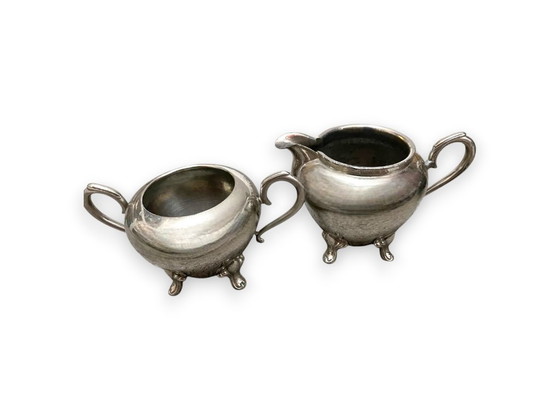 Image 1 of Antieke suiker- en melkkan set in art nouveau stijl uit de jaren 1920, Nederlands, verzilverd, van Daalderop & Sons.