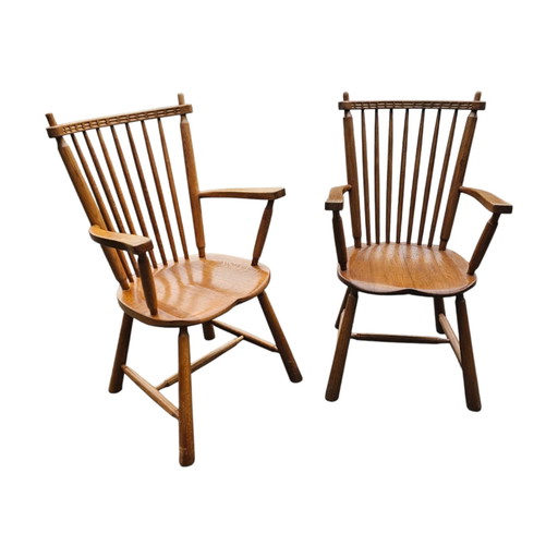 2 × Dutch Design Eichen-Arm Esszimmerstühle von De Ster Geldermalsen / Niederlande 1960er Jahre