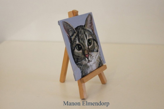 Image 1 of Piccolo dipinto unico, dipinto a mano, raffigurante un asino e un gatto.