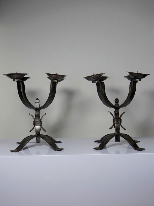 Pair of Massive Brutalist Wrought Iron 4-Light Vintage Candlesticks
