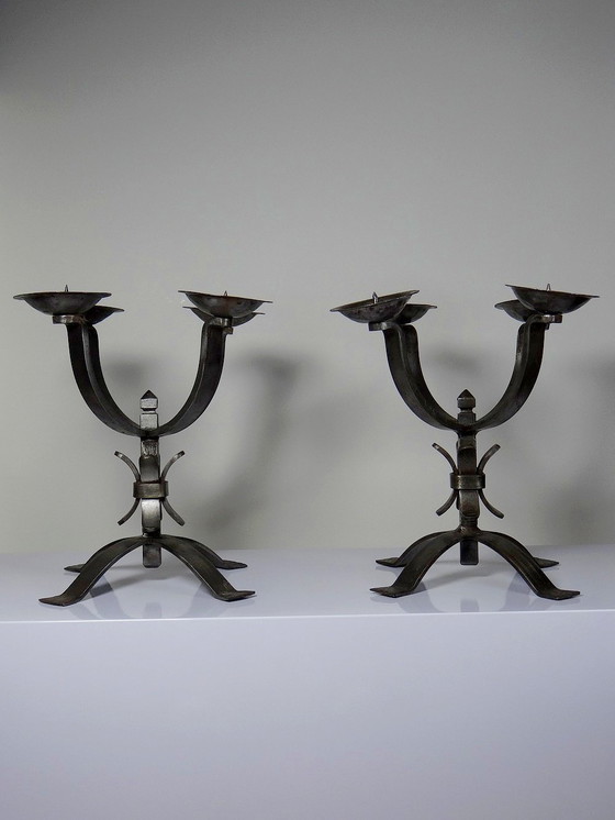 Image 1 of Pair of Massive Brutalist Wrought Iron 4-Light Vintage Candlesticks
