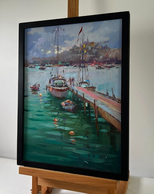 Original Oil Painting Coastal City Landscape A ship preparing to set sail