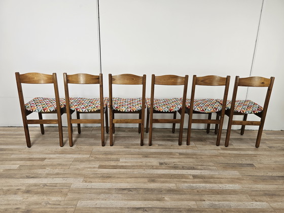 Image 1 of Beuken eetkamerstoelen met geometrische zitting uit 1950