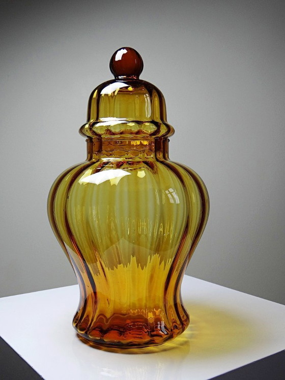 Image 1 of Snoepkom van geblazen amberkleurig glas uit Empoli, Italië, vintage jaren 1980-1990.