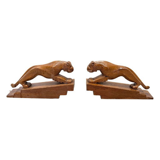 Sujetalibros de madera estilo Art Déco con tigres – decoratieve objecten, Wood