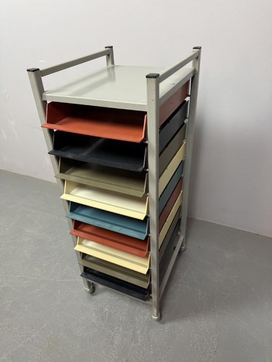 Image 1 of Mid-Century Industrial Gispen Modular Office Trolly with 9 Colorful Pull-Out Bins, The Netherlands 1960s-1970s.