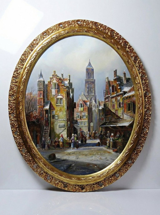 Large framed urban scene oil painting on wood by John Haanstra, vintage