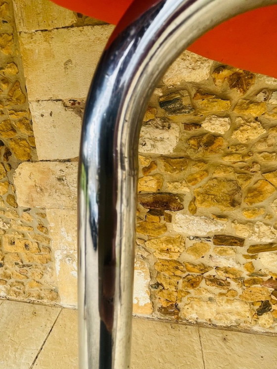 Image 1 of Mid-Century, Orange Skaï and Chrome Stool By J L 1970s