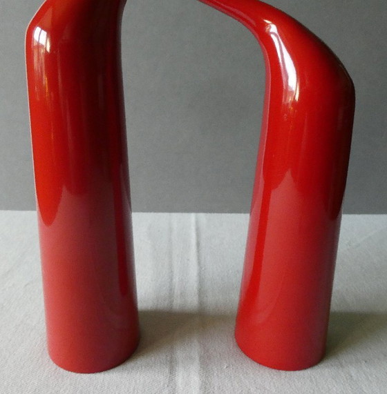 Image 1 of double candle holder, stainless steel, red lacquered, menu, denmark, design mikaela dörfel
