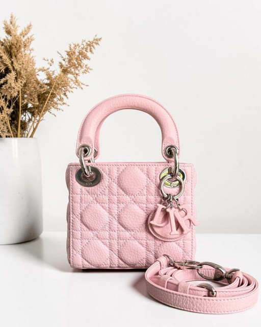 Dior Lady Micro - Cannage Caviar Rosa Chiaro Dettagli Rosa Cinturino Regolabile
