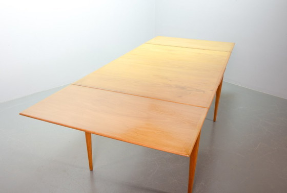 Image 1 of Large Mid-Century Design Extendable Solid Beech Wooden Dining Table in style of Arno Lambrecht. Germany, 1950s.