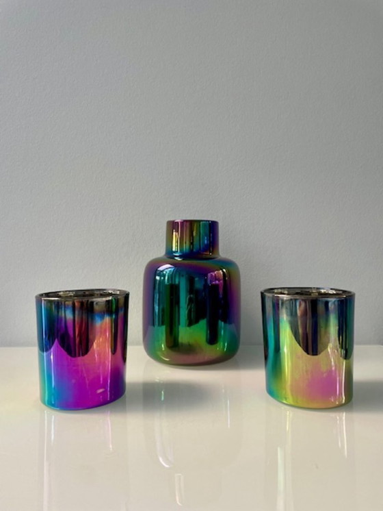 Image 1 of Conjunto de jarrón multicolor y 2 candelabros – efecto arcoíris