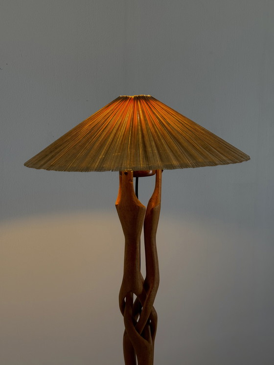 Image 1 of Sculptural hand-carved table lamp made of solid teak wood