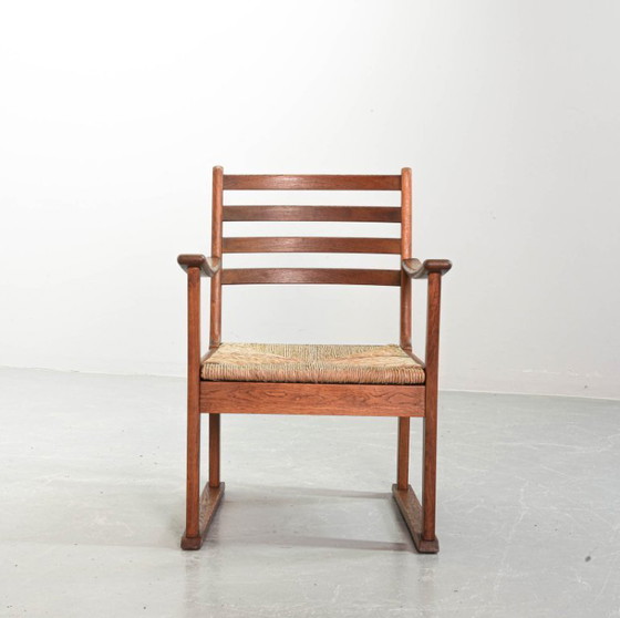 Image 1 of Very Rare Single Bas van Pelt Brutalist Oak Armchair with Woven Rush Seat for My Home. The Netherlands, 1940s.