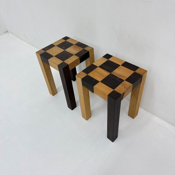 Image 1 of Set of 2 vintage wooden side tables, brown and light wood