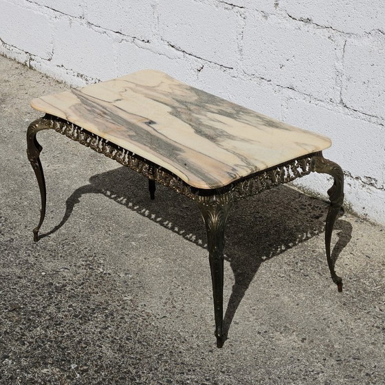 Image 1 of Franse Vintage Marmeren Messing Salontafel - Cocktailtafel-Lounge Tafel-Barok Stijl-60er jaren
