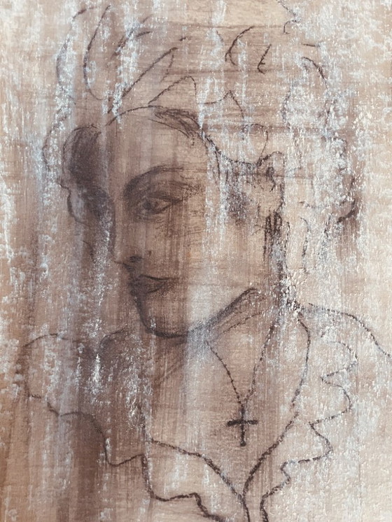 Image 1 of Dibujo a carboncillo, firmado, retrato femenino del siglo XIX