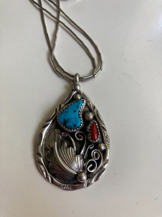 Image 1 of Navajo Indiaanse bloemenhanger (sterling zilver, turkoois, koraal)
