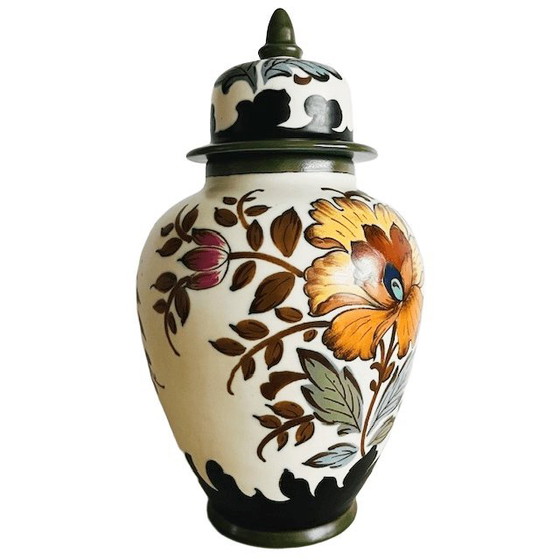 Image 1 of Mid-century Royal Gouda lidded vase South Holland lidded pot Verinique flowers 1950s