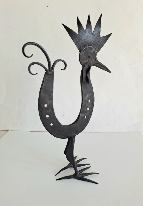 Image 1 of Marolles-style folk art stylized rooster figure from a horseshoe. Vintage 1950-1960.