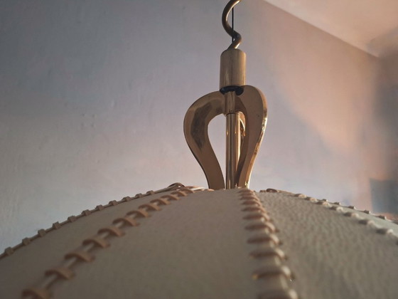 Image 1 of Large Leather, Vellum and Brass Cocoon Chandelier, Italy 1950s