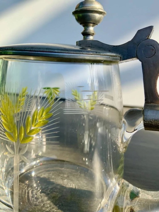 Image 1 of Boccale da birra antico con coperchio in peltro e smalto dipinto a mano (0,4 l)