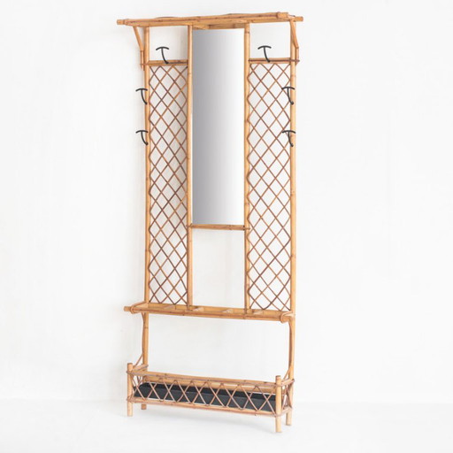 Vintage Hall Coat Rack With Mirror. Cane And Metal. France, 1960s – kapstokken, Rattan