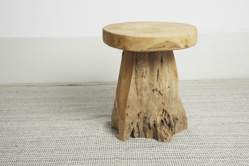 Teakhouten wortelkruk, organisch houten bijzettafeltje, rustieke sculpturale boomstronkkruk, vintage plantenstandaard van