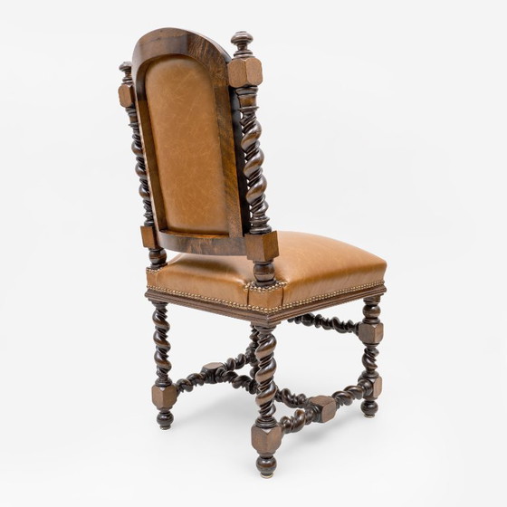 Image 1 of Six of Antique Italian Neo-Renaissance Walnut Dining Chairs in Genuine Leather.