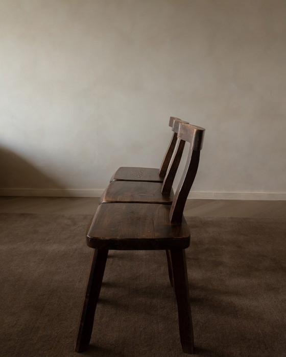 Image 1 of Set of 3 Vintage “T” Dining Chairs by Aranjou, France (c.1960s) – Stained Elm, Brutalist Sculptural