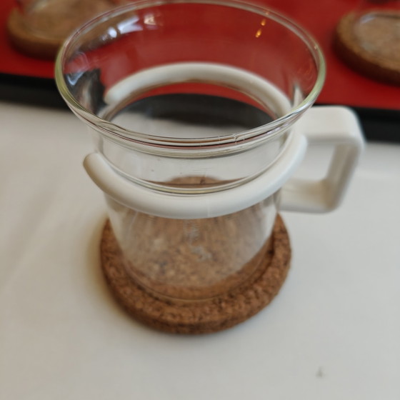 Image 1 of Vintage Bodum glazen mokkenset van 6 – Scandinavisch design – Kurken onderzetters – Gemaakt in de EEG