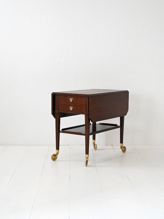 Image 1 of Carrello vintage scandinavo in mogano degli anni '40 con dettagli in ottone