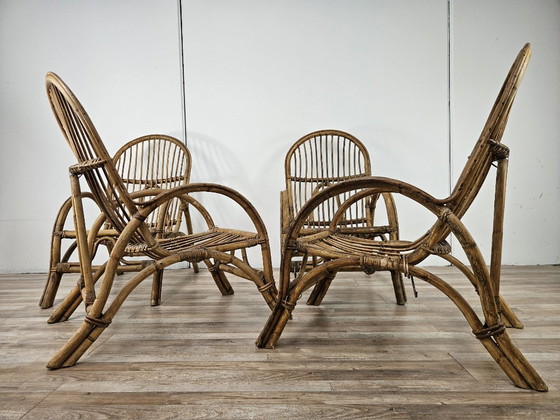 Poltrone vintage in rattan, set di quattro, Sedie da giardino, Marrone (foto 4 di 15)
