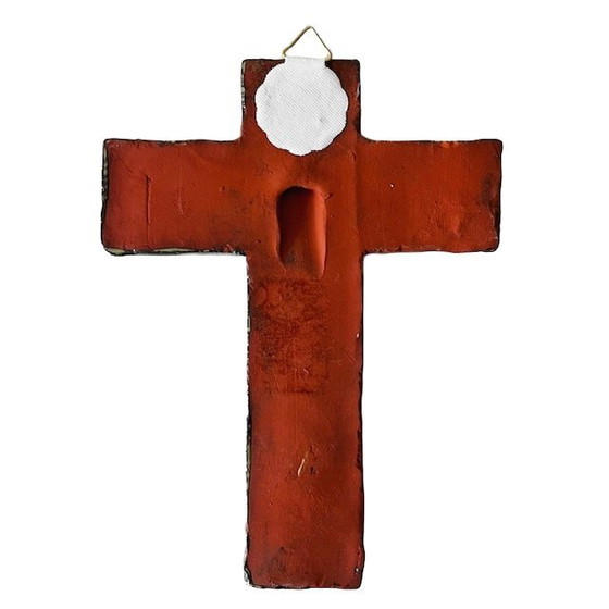 Image 1 of Mid-century Keramisch kruisbeeld Jezus aan het kruis keramiek wandkruis 1960's