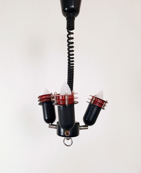 Image 1 of Zwart Rode Space Age Verstelbare Lamp / Pull Down Lamp / Mid Century Hanglamp / Metalen Verstelbare Plafondlamp / Retro Lightin